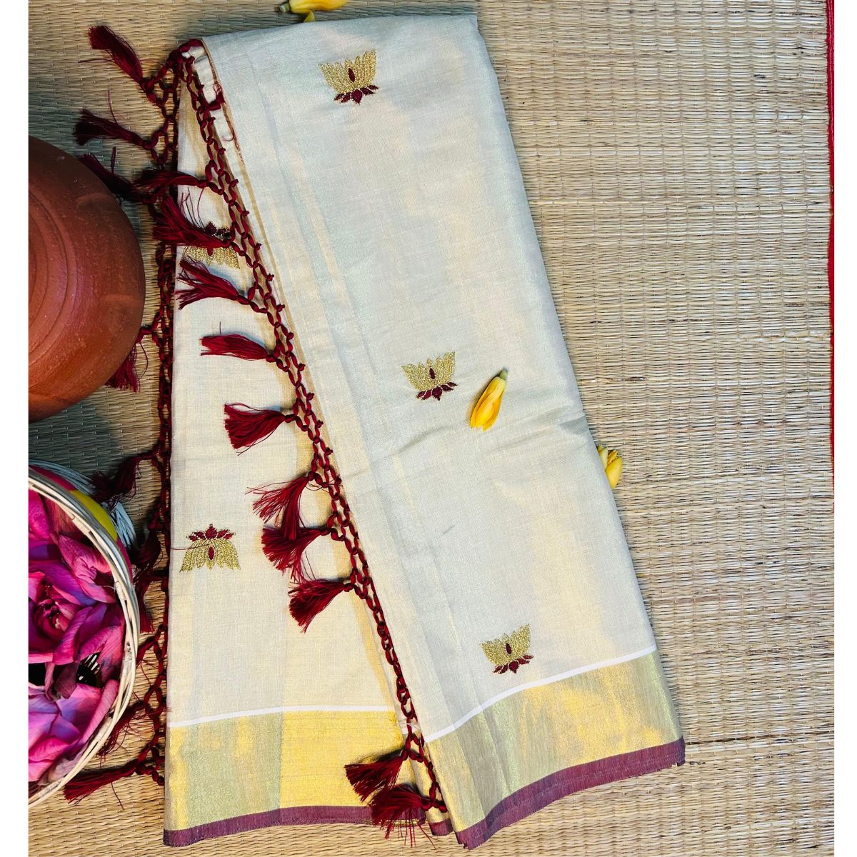 TMR12- Ethereal Lotus Embroidery Tissue Saree