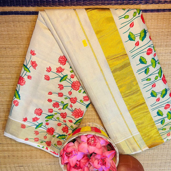 TMR15- Vishu Bloom: Hand-Painted Lotus Tissue Saree