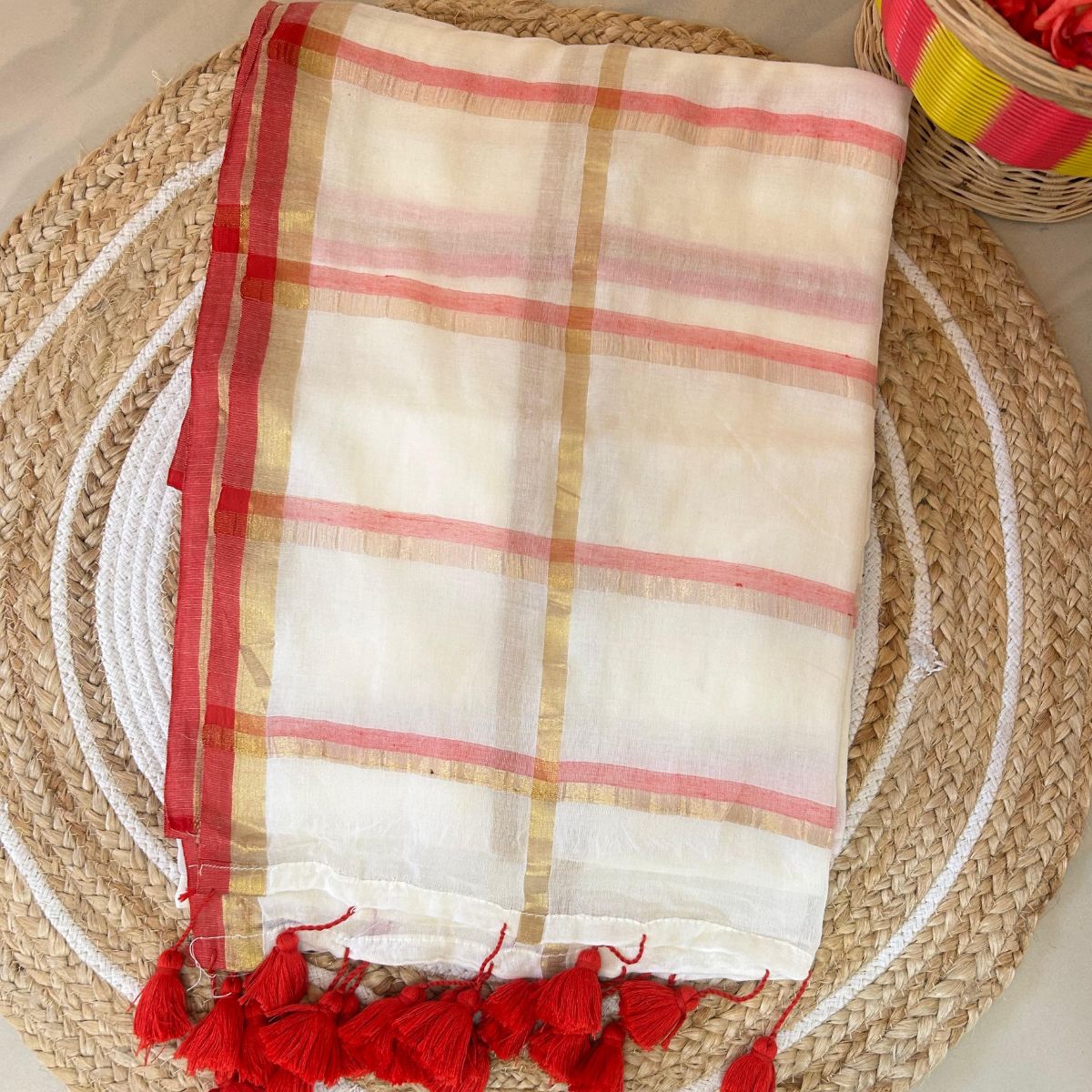 TMR23- Golden & Crimson Grid Mul Cotton Saree