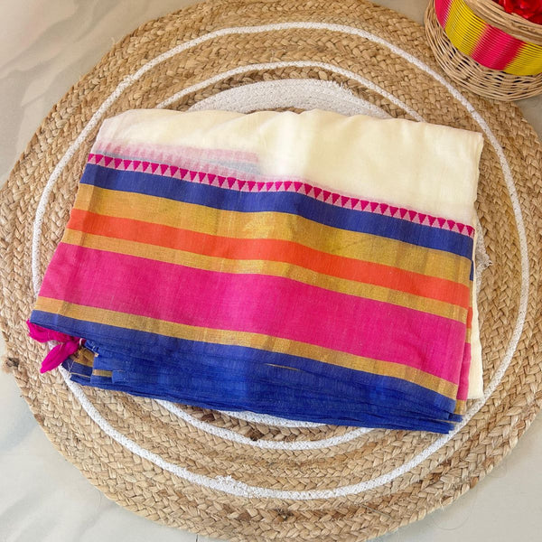 TMR28- Multicolour Temple Border Mul Cotton Saree