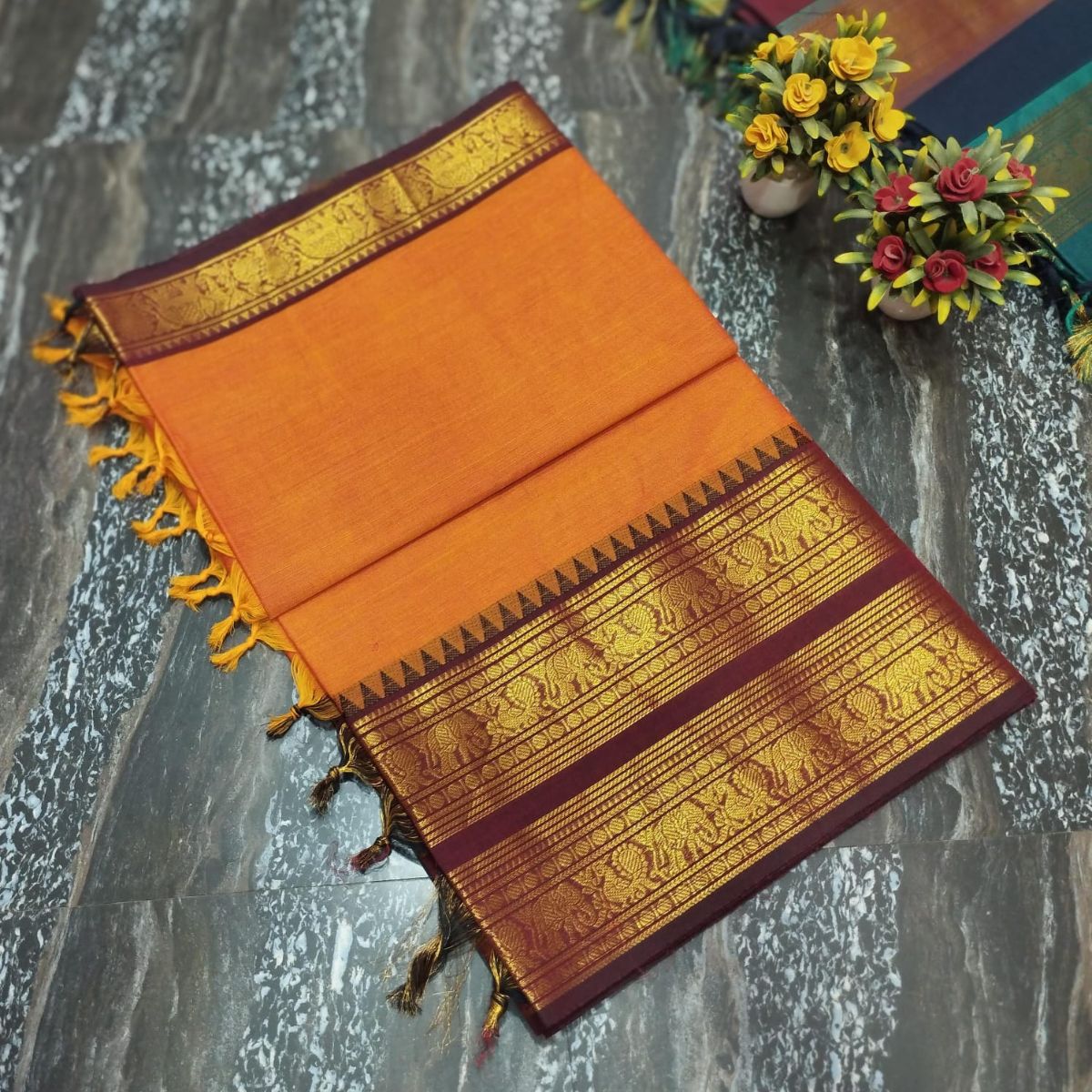 TMR40 - Rust Orange Kanchi Cotton Saree